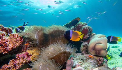 Cororful unterwater world with seagrass, coral reefs and fishes