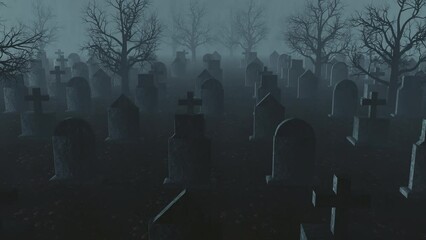 A 3D animation of a slow flight above creepy cemetery against a foggy background. It can be used as background in Halloween events, intros, trailers, etc.