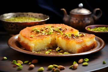 Delightful Oriental Treat Kunafa with Cheese and Pistachios Crafted with Ghee for a Mouthwatering Experience