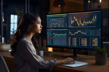 Realistic Work from Home A Young Analyst Woman Engaged in Her Work, Surrounded by Multiple Displays Showing Complex Market Graphs