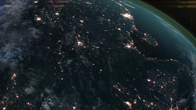 Asia from Space. Beautiful Night Cities Lights from Orbiting Satellite. Planet Earth Spinning Space Orbit View Time Lapse. NASA Textures China, Japan. Modern Technology Concept 4k Ultra HD 3840x2160