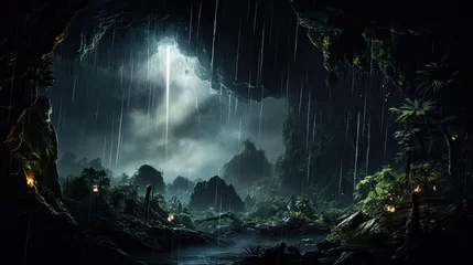 Keuken foto achterwand a prehistoric jungle in the rain © jr-art