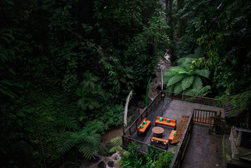 Picture of tropical rain forest with murky streams running from the mountains after a torrent of...