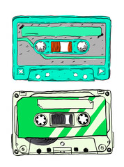 drawn vintage set of audio cassette isolated on white