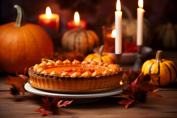 Thanksgiving day Elegance Pumpkin Pie Presented with Candlelit Grace on a Wooden Table