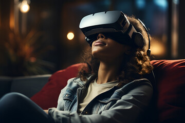 Woman immersed in virtual reality gaming on sofa, casual adult using tech vr headset at home