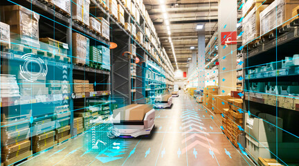 Warehouse management with automated robotics,Warehousing and Technology Connections.,using automation in product management,AI systems for work - obrazy, fototapety, plakaty