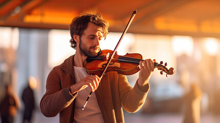 A young man playing violin in public. Musical concept. Generative Ai