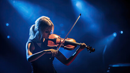 Fototapeta premium A young woman playing violin on stage. Musical concept. Generative Ai