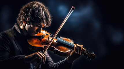 Fototapeta premium Violin player on black background, Musical concept. Generative Ai