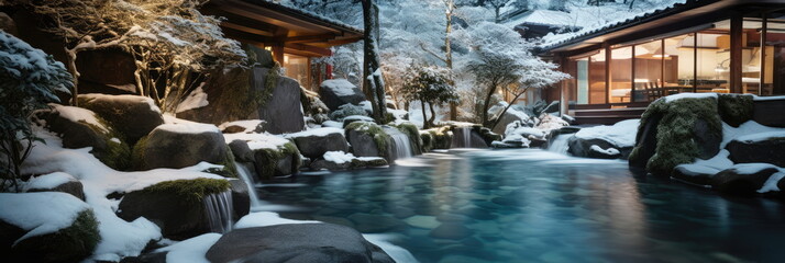 Onsen ryokan or a traditional classic modern Japanese house with a Japanese garden in wintertime. Wide format.  - obrazy, fototapety, plakaty