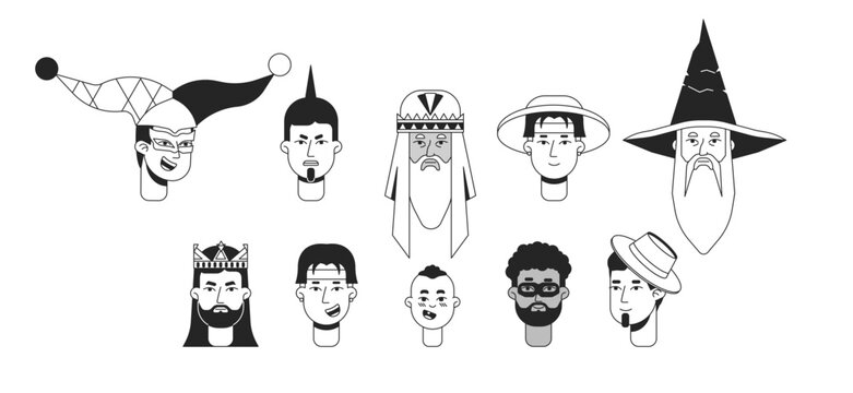 Different men faces monochrome flat linear character head. Personality archetypes. Editable outline hand drawn human face icon. 2D cartoon spot vector avatar illustration for animation