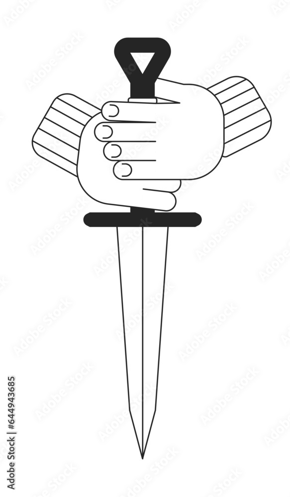 Poster holding medieval sword flat monochrome isolated vector object. sharp ancient weapon. knight dagger. 