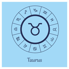 Taurus sign. Taurus zodiac sign symbole on blue background horoscope astrology. Astrological calendar. Zodiacal blue vector horoscope. Line (man, male, boy, baby boy)