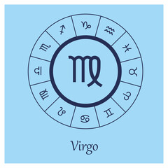Virgo sign. Virgo zodiac sign symbole on blue background horoscope astrology. Astrological calendar. Zodiacal blue vector horoscope. Line (man, male, boy, baby boy)