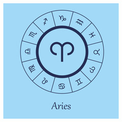 Aries sign. Aries zodiac sign symbole on blue background horoscope astrology. Astrological calendar. Zodiacal blue vector horoscope. Line (man, male, boy, baby boy)