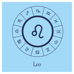 Leo sign. Leo zodiac sign symbole on blue background horoscope astrology. Astrological calendar. Zodiacal blue vector horoscope. Line (man, male, boy, baby boy)