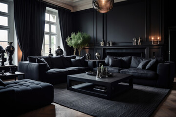 Elegance in Darkness: A Luxurious Living Room Interior Embracing the Black Color Scheme