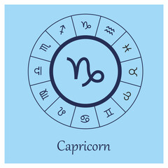 Capricorn sign . Capricorn zodiac sign symbole on blue background horoscope astrology. Astrological calendar. Zodiacal blue vector horoscope. Line (man, male, boy, baby boy)