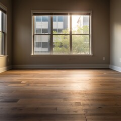 Empty spacious wooden living room. Generative AI