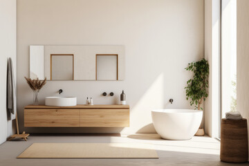 Fototapeta na wymiar Serene Escape: A Scandinavian-Inspired Bathroom Oasis With Minimalist Aesthetics, Organic Elements, and Timeless Appeal