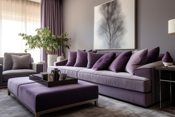A Luxurious and Serene Living Room Interior in a Harmonious Blend of Purple and Gray Colors