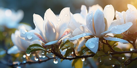 magnolia flowers on branch morning dew water drops on summer day in garden