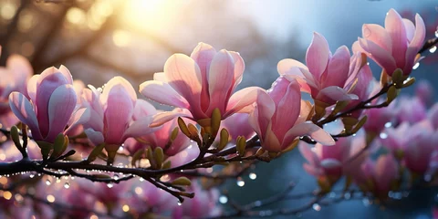 Gordijnen magnolia flowers on branch morning dew water drops on summer day in garden © Aleksandr