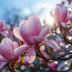 magnolia flowers on branch morning dew water drops on summer day in garden