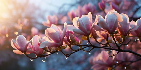 Tuinposter magnolia flowers on branch morning dew water drops on summer day in garden © Aleksandr