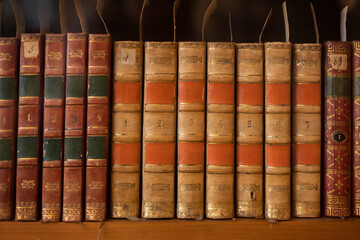 old books background, shelf with books, vintage editions