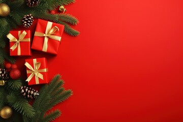 Christmas background with fir branches, cones and gift box on red background.Generative Ai