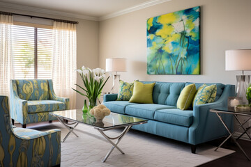 A Serene and Vibrant Living Room Interior in Green and Blue Colors