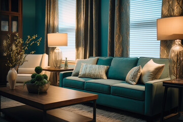 A Cozy and Elegant Living Room Interior in Brown and Teal Colors, Perfect for Relaxation and Entertainment