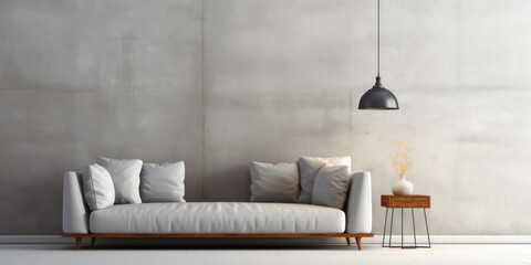 Elegant, gray sofa with wooden legs and lamp in a designer minimalist living room.