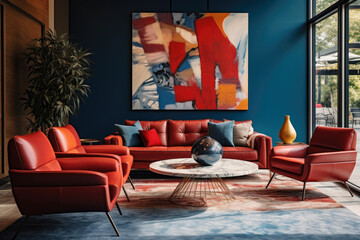 Cozy Living Room Interior in Red and Blue Colors