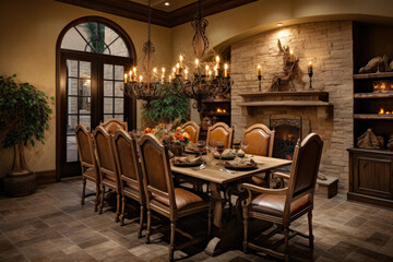 Fototapeta na wymiar A Cozy Mediterranean Dining Room with Warm Earth Tones and Textured Walls