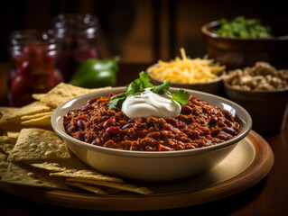 Bowl of Chili with a dollop of sour cream, bar food graphics for a restaurant menu, food graphics 