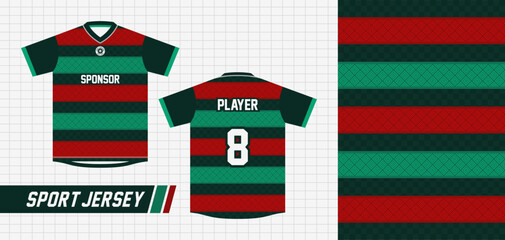 SPORT JERSEY DESIGN WITH SQUARE STRIPE PATTERN AND DARK GREEN CHECKERBOARD BACKGROUND