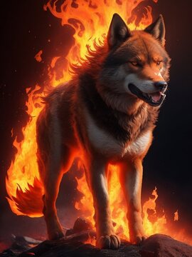A formidable wolf, born from the fury of fire and molten lava, stands as a living embodiment of primal power.