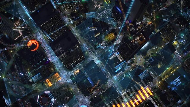 
Aerial Over Head view High Tech City Networks, Signals, Connections Passing Through Streets. Shot in 8K at Night Big Data Machine Learning Metaverse Innovation. Futuristic FX Economy Charts.