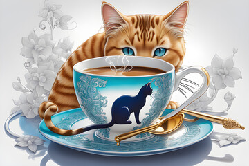 cat with cup of coffee Generative AI

