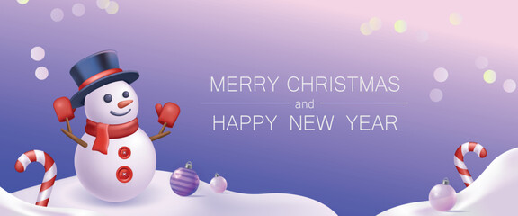 Christmas banner. A Christmas-themed illustration with vibrant violet colors, showcasing a cute snowman. Perfect for a playful and joyful holiday atmosphere. Vector illustration.
