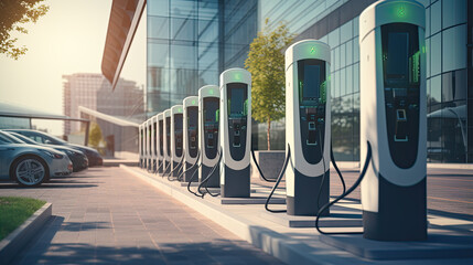 Modern fast electric vehicle chargers for charging car in park, Generative AI
