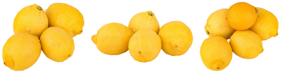 Collection Set of many isolated yellow lemons on transparent png background, view of stack or heap...
