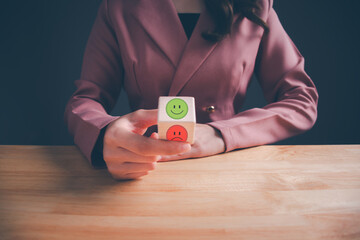 Businesswoman choosing on the happy Smile face icon give satisfaction in good service, Smile face...