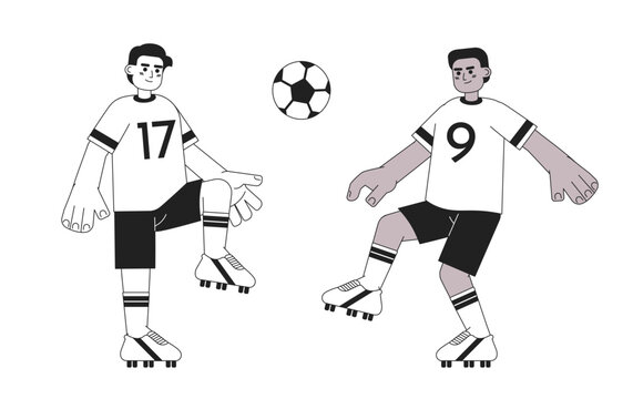 Football players kicking ball monochrome concept vector spot illustration. Football team. Game 2D flat bw cartoon characters for web UI design. Championship Isolated editable hand drawn hero image