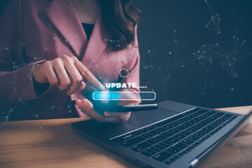 Woman using smartphone update program software. Program upgrade business technology internet on...