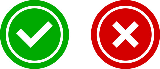 Yes and No or Right and Wrong or Approved and Declined Icons with Check Mark and X Signs in Green and Red Circles. Vector Image.