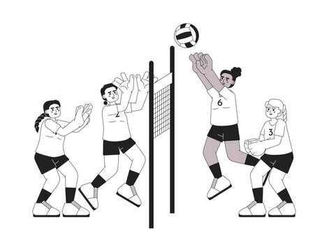 Sportswomen playing volleyball monochrome concept vector spot illustration. Team. Game with ball. Championship 2D flat bw cartoon characters for web UI design. Isolated editable hand drawn hero image